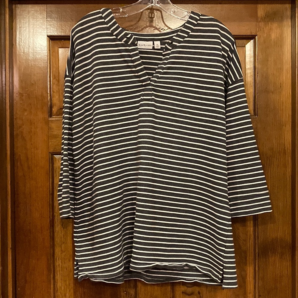 XL Kim Rogers Dark Gray and White Striped Top